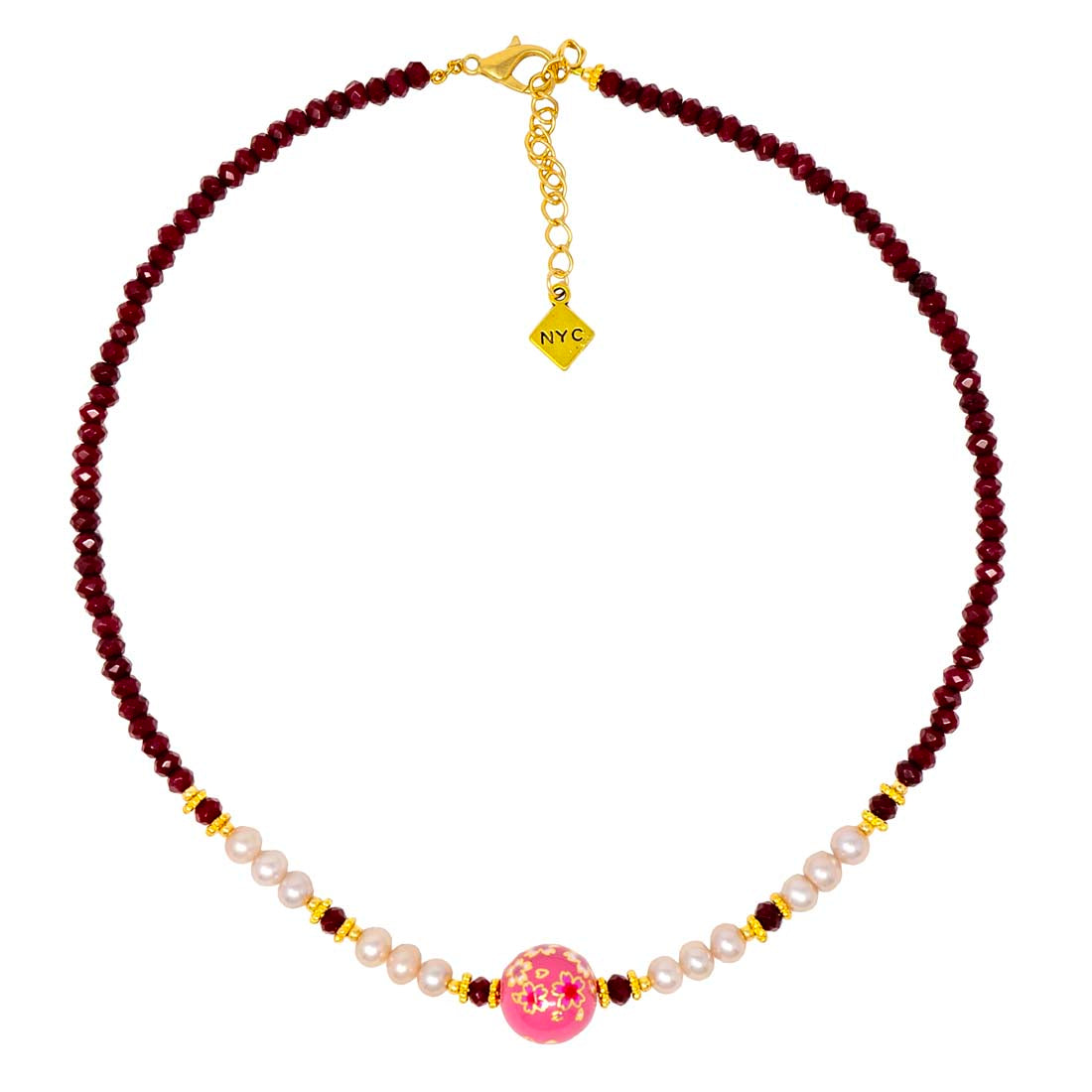 Ruby Jade and Cherry Blossom Tensha Bead Necklace