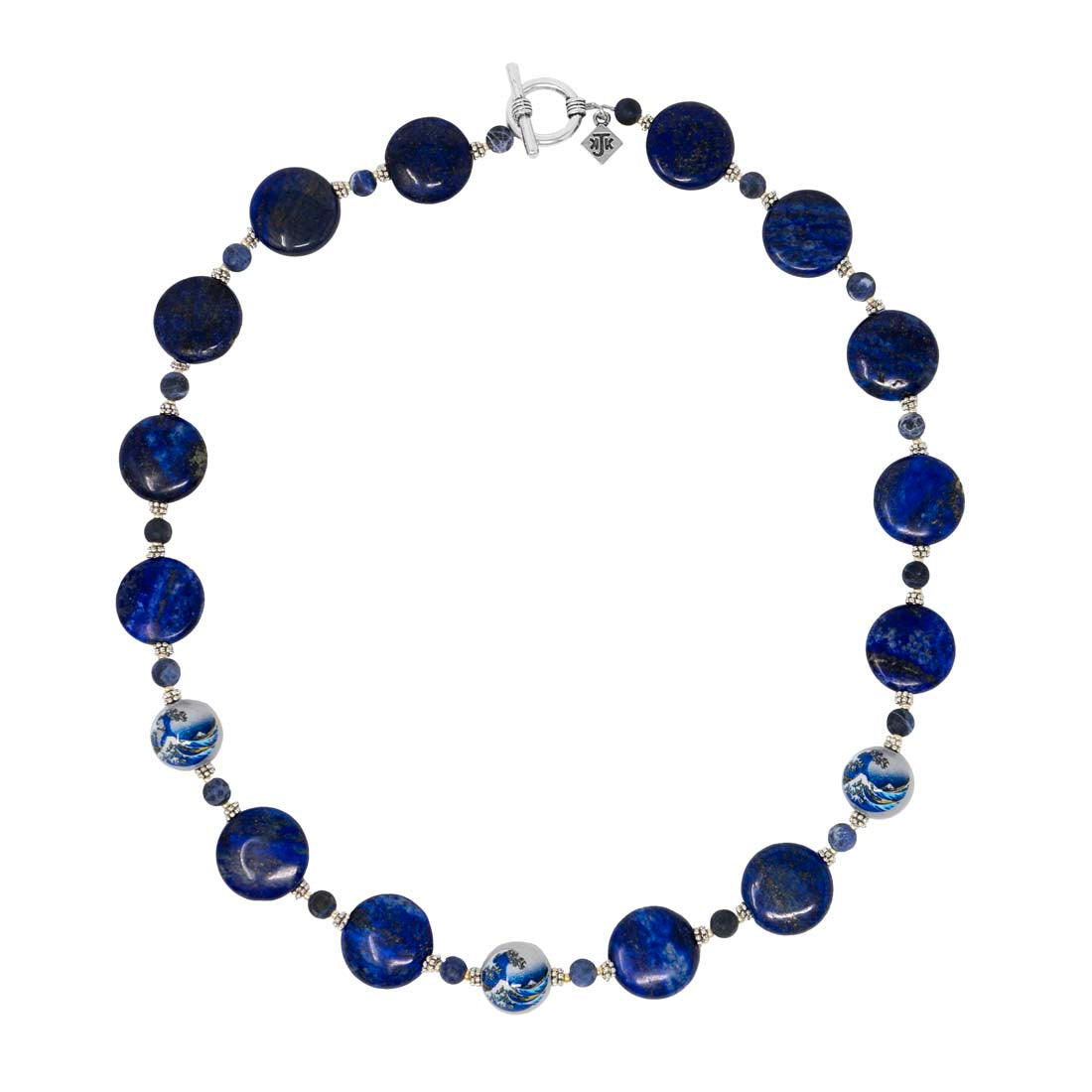 Silver Wave Tensha Beads &amp; Lapis Coin Necklace