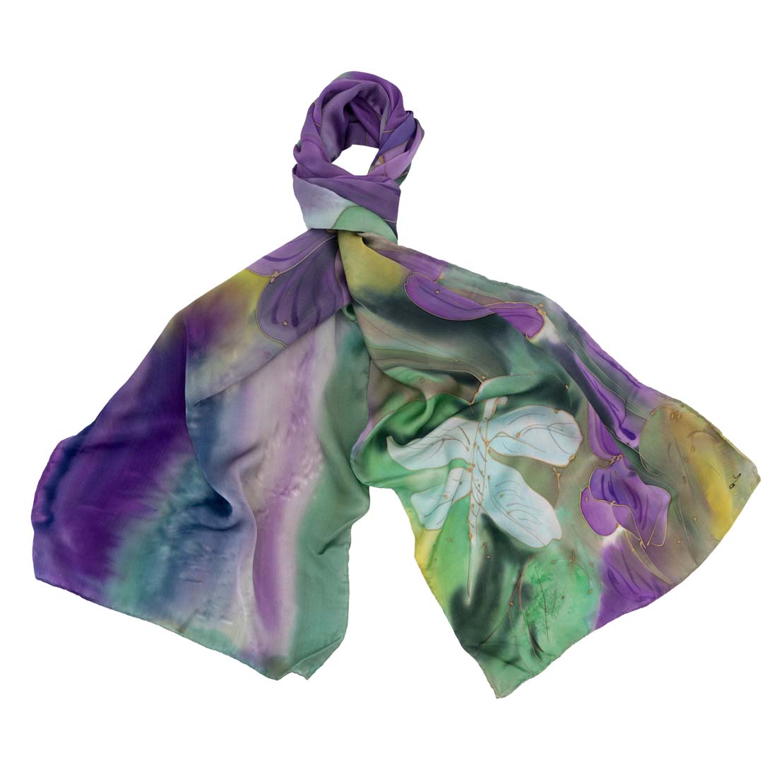 Dragonfly and Purple Flowers Hand-Painted Silk Scarf