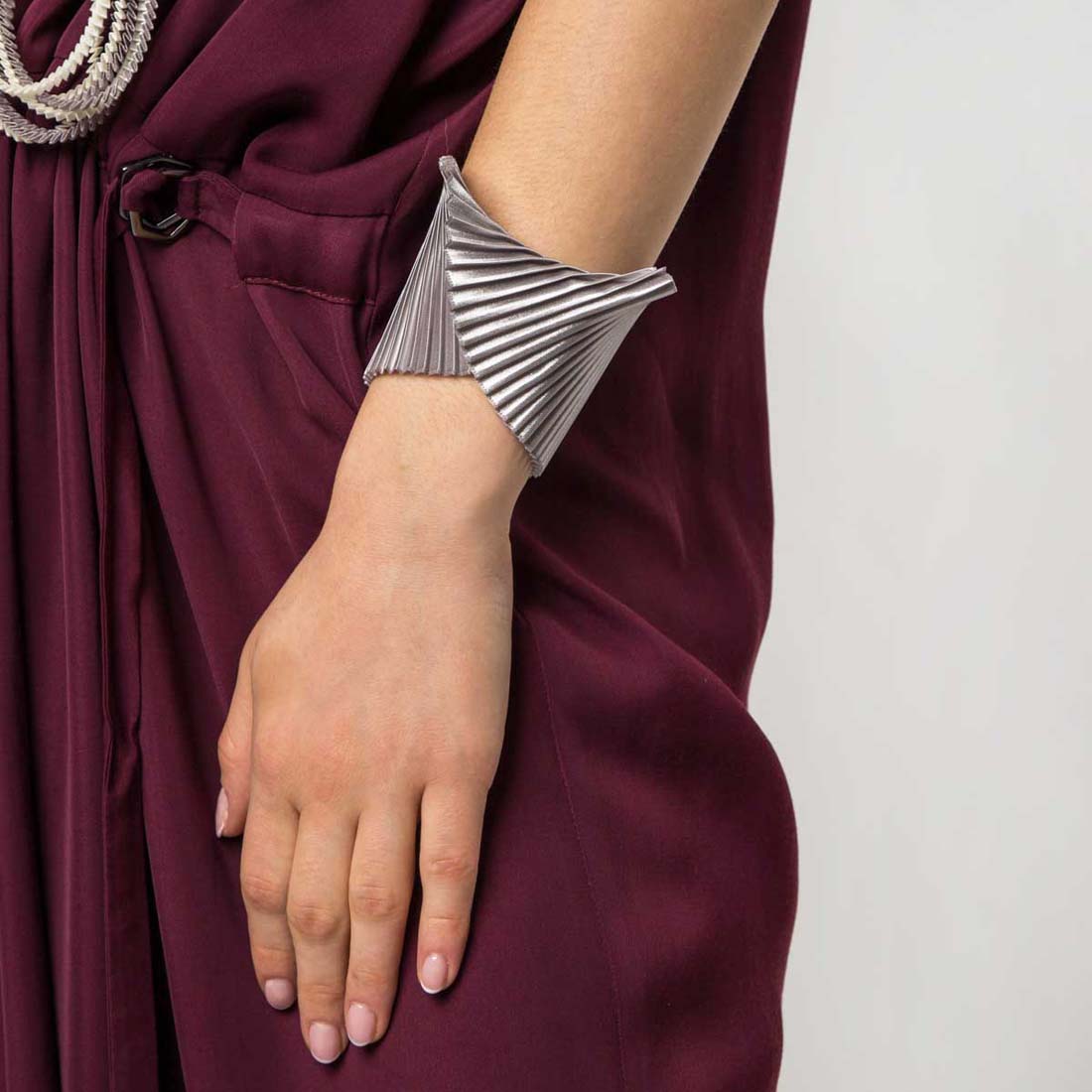 Pleated Silver Satin Polyester Shell Bracelet