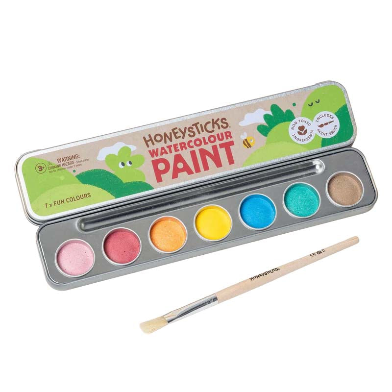 Honeysticks watercolour paint set with six paint pots and a brush on a white background