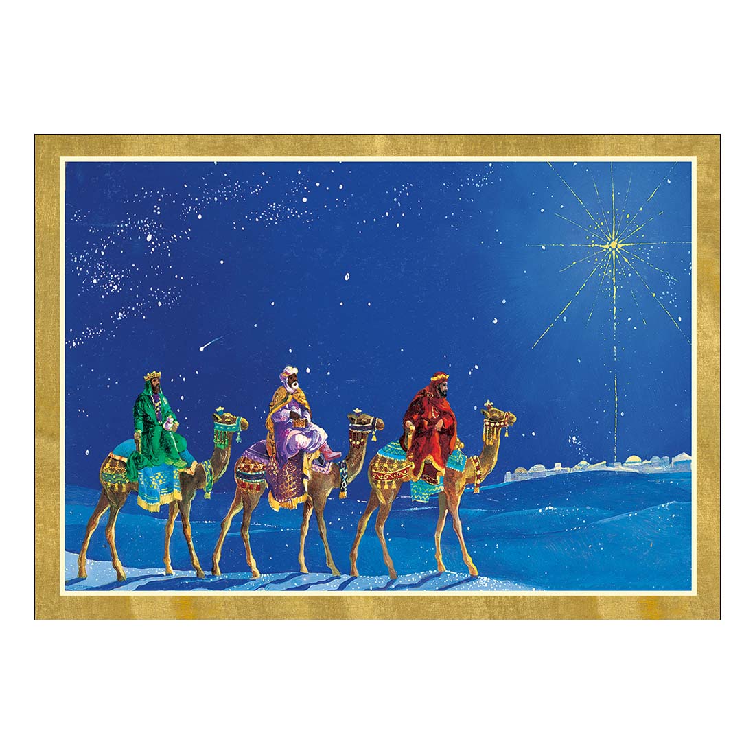 Three wise men on camels with a star in the sky, framed with a gold border.