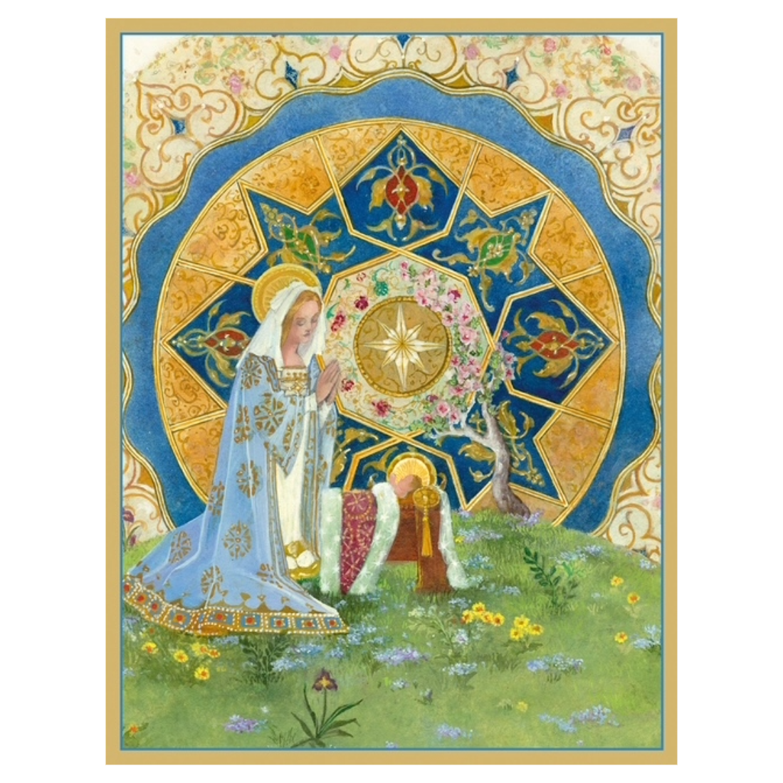 A framed fantasy-style card showing a robed figure in a flowing pale blue gown kneeling beside a small child in a grassy field, with a large ornate golden and blue circular architectural motif behind them. The scene is bordered by a gold frame, and the artwork contains many decorative floral and scroll details.