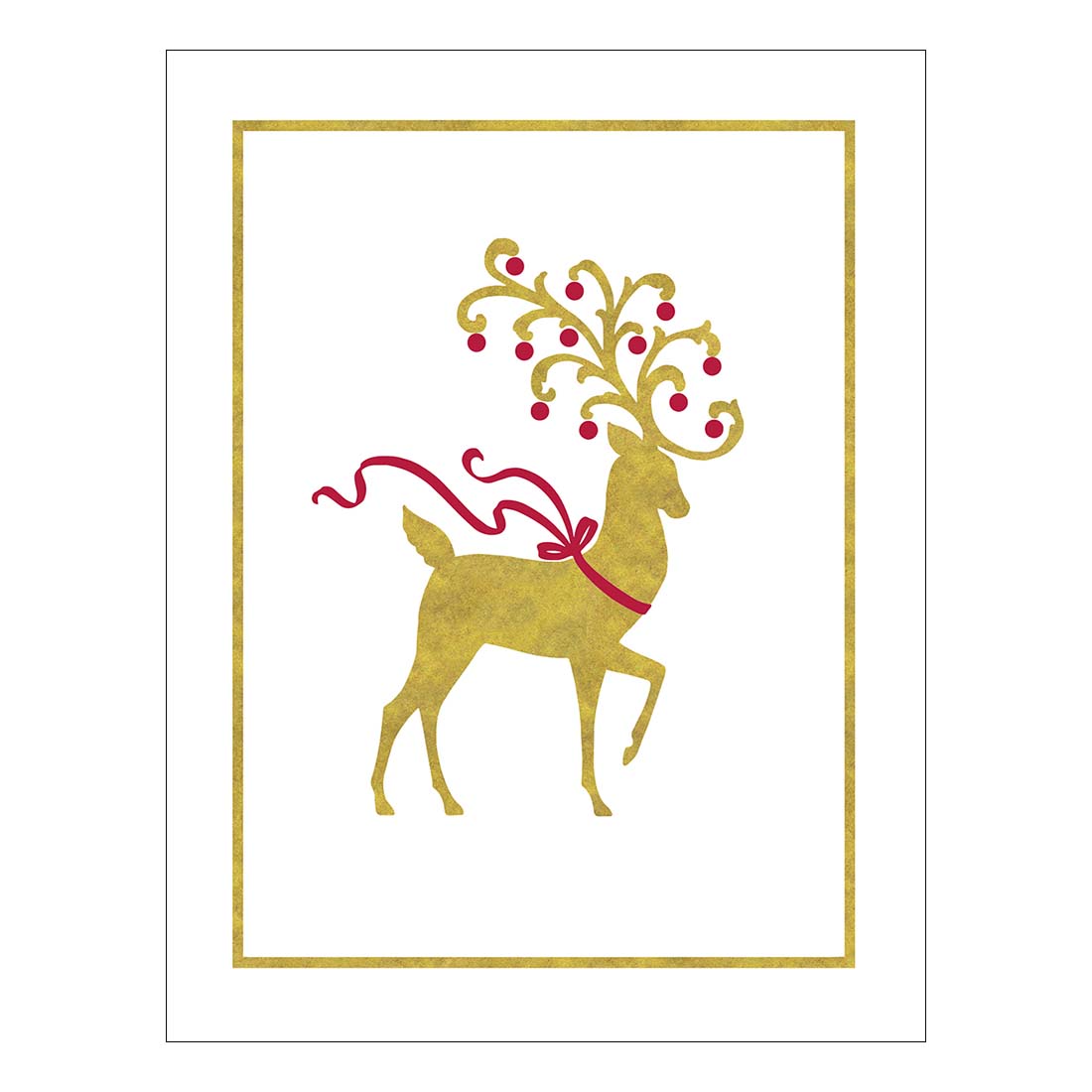 Gold reindeer with red antlers and a red bow on a white background