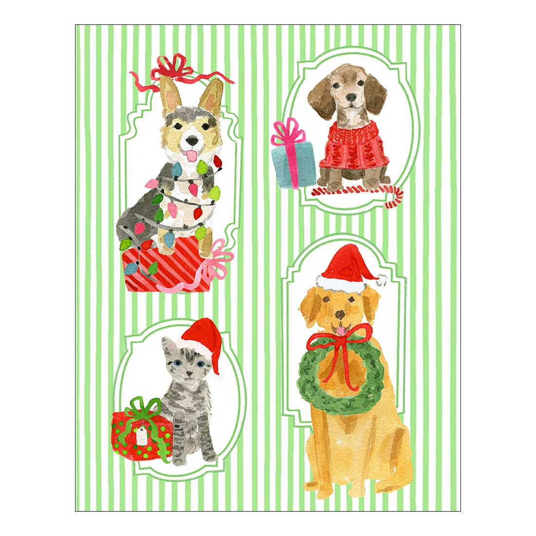 Christmas-themed card with dogs and cats wearing holiday accessories on a green striped background.