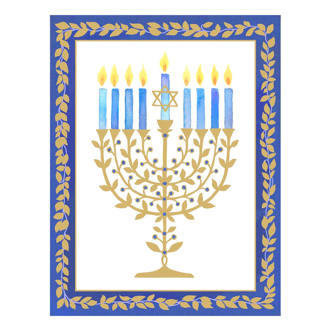 Decorative card with a gold menorah and blue candles on a white background
