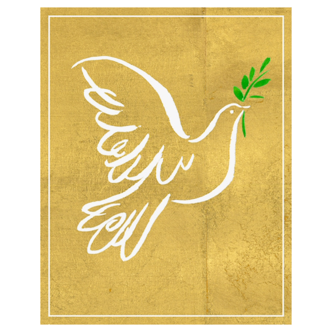 A square art print featuring a white minimalist line drawing of a dove holding a green olive branch, centered on a textured gold background with a thin white border.