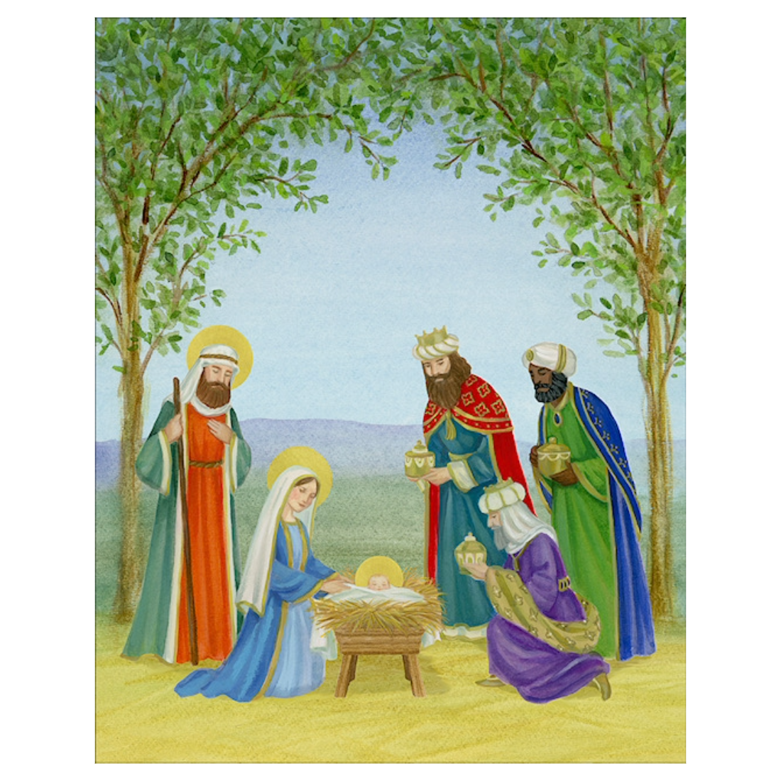A colorful religious illustration of the Holy Family and Three Wise Men under a canopy of green trees. Mary and Joseph tend the baby Jesus in a wooden manger, while the three wise men kneel nearby offering gold coins.