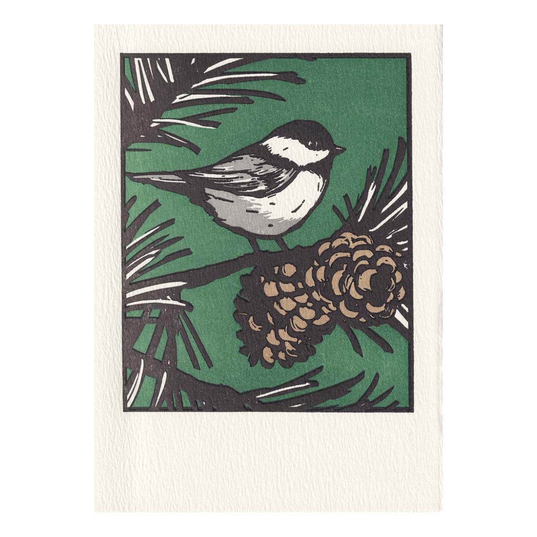 Decorative towel with a chickadee design on a green background