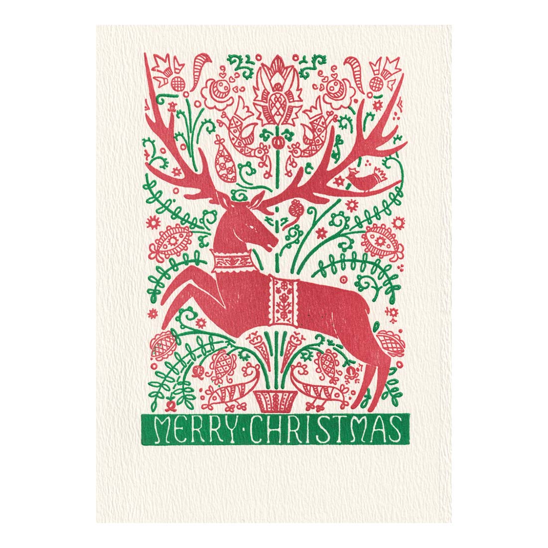 Decorative towel with a red deer and green floral pattern on a white background