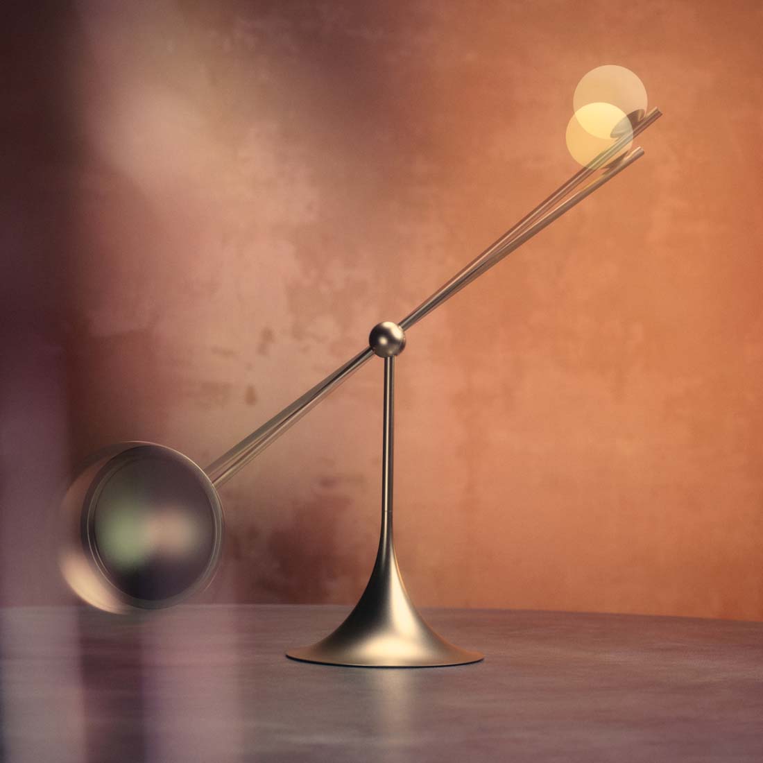 A dual-function desk lamp with one end emitting a focused white light and the other end emitting a warm, ambient light, crafted from silver anodized aluminum with a seamless design.