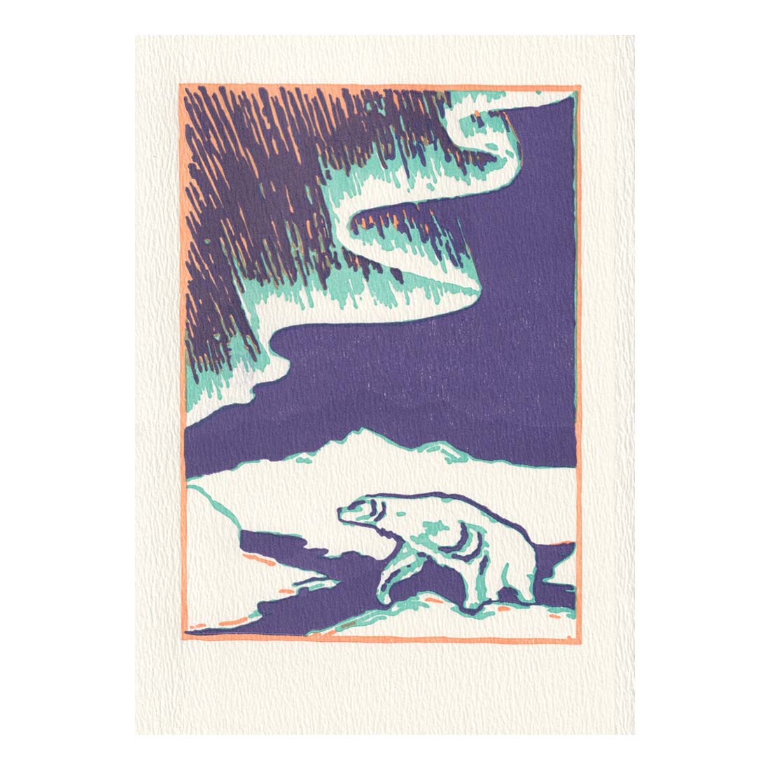 Framed artwork of a bear in a snowy landscape with purple and teal colors.