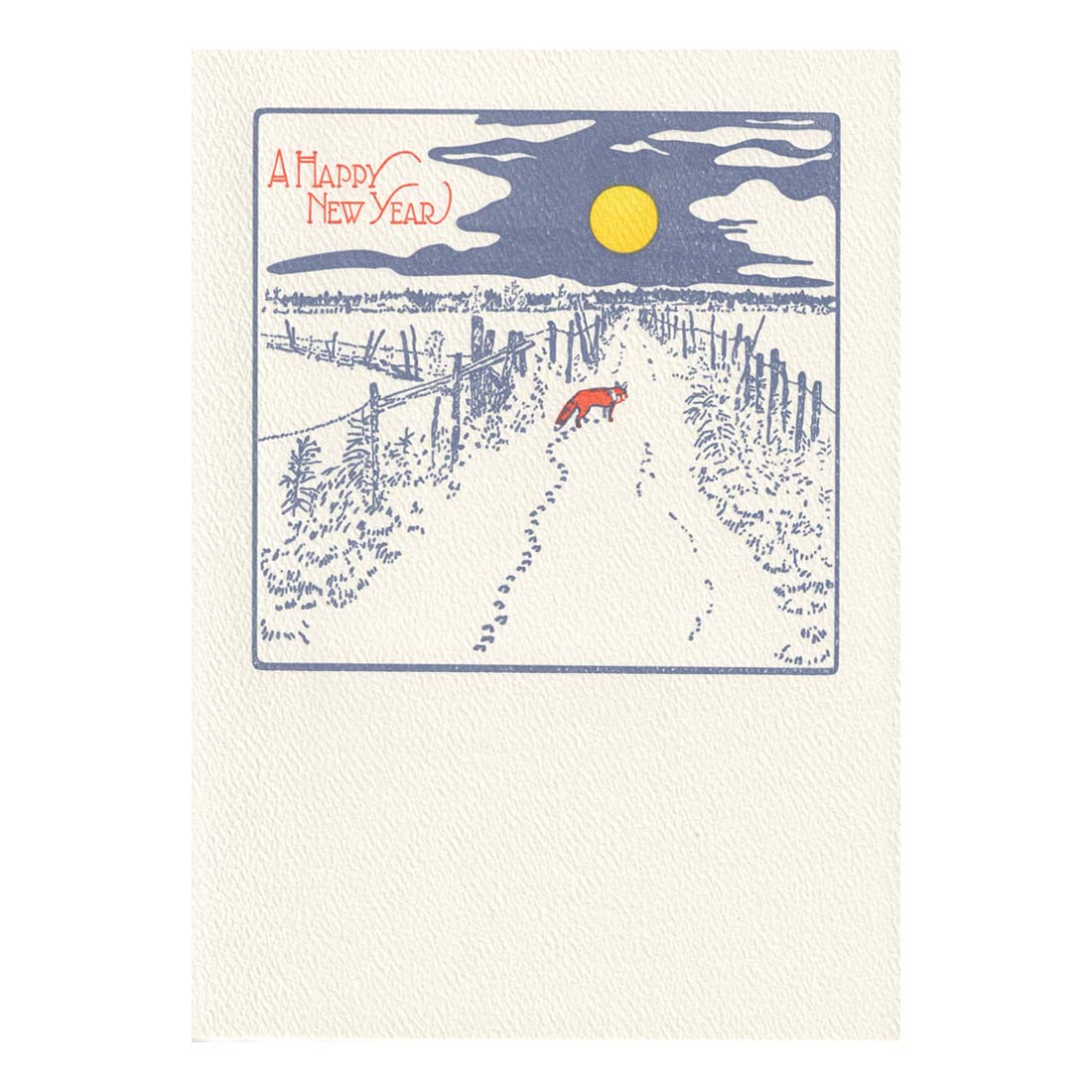 New Year's card with a fox walking on a path, surrounded by nature, and 'A Happy New Year' text.