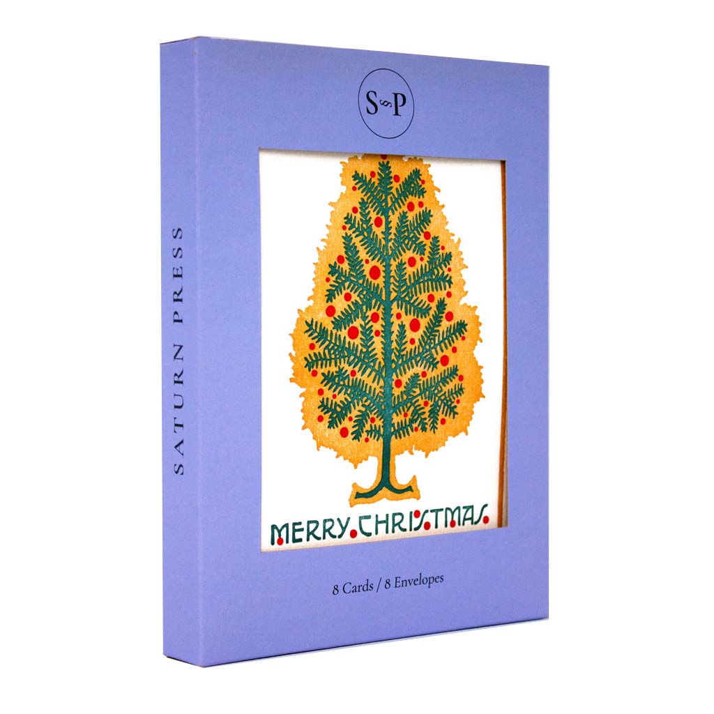 Christmas card with a stylized tree and 'Merry Christmas' text on a beige background
