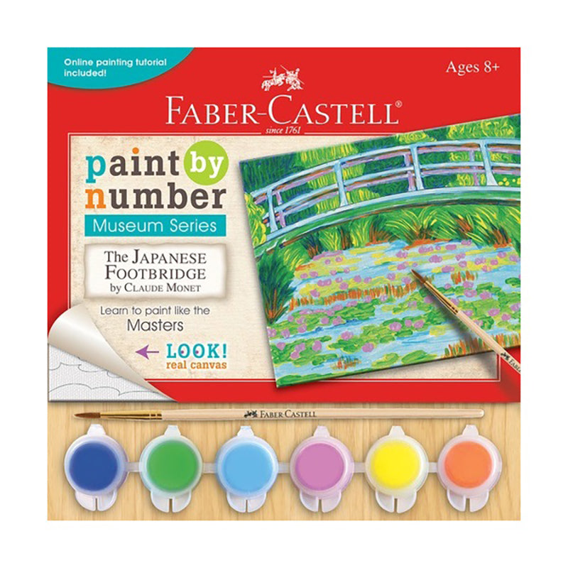 Faber-Castell paint by number set with Monet's 'The Japanese Footbridge' design on a red background.