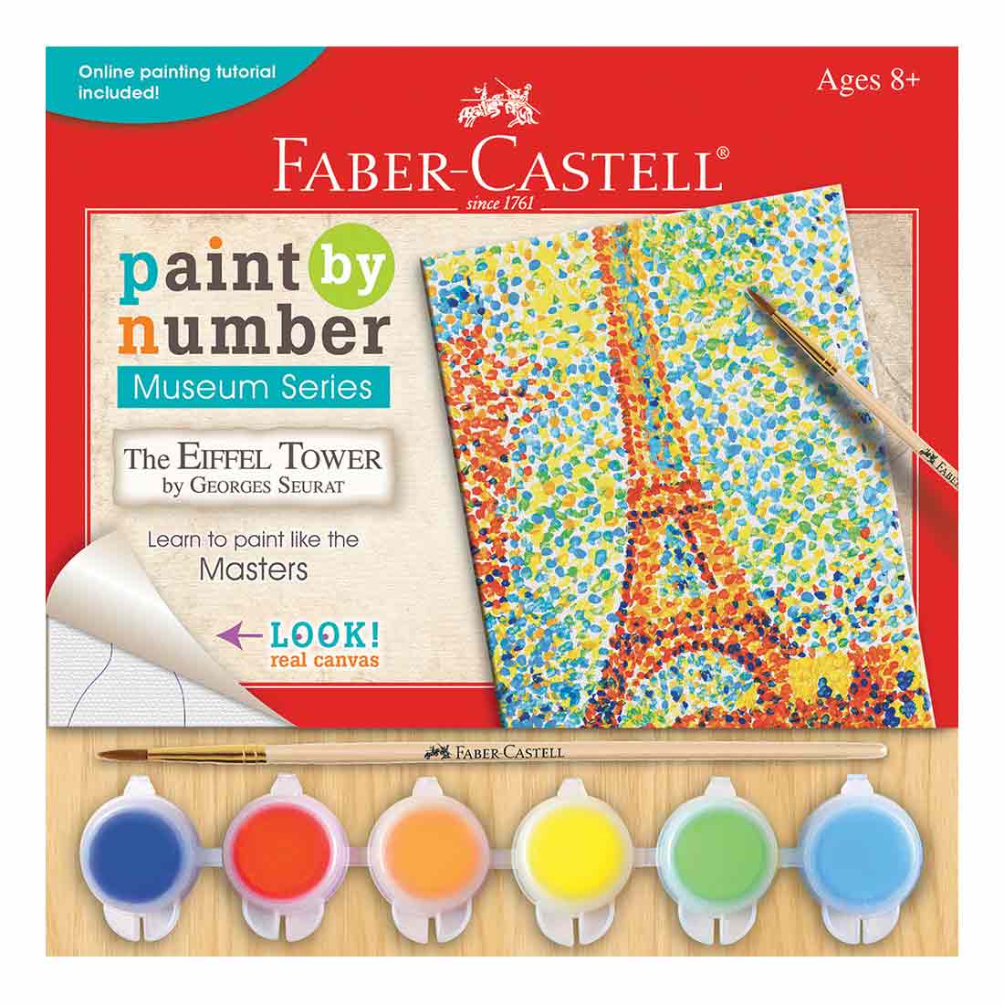 Faber-Castell paint by number set with Eiffel Tower design on a red background