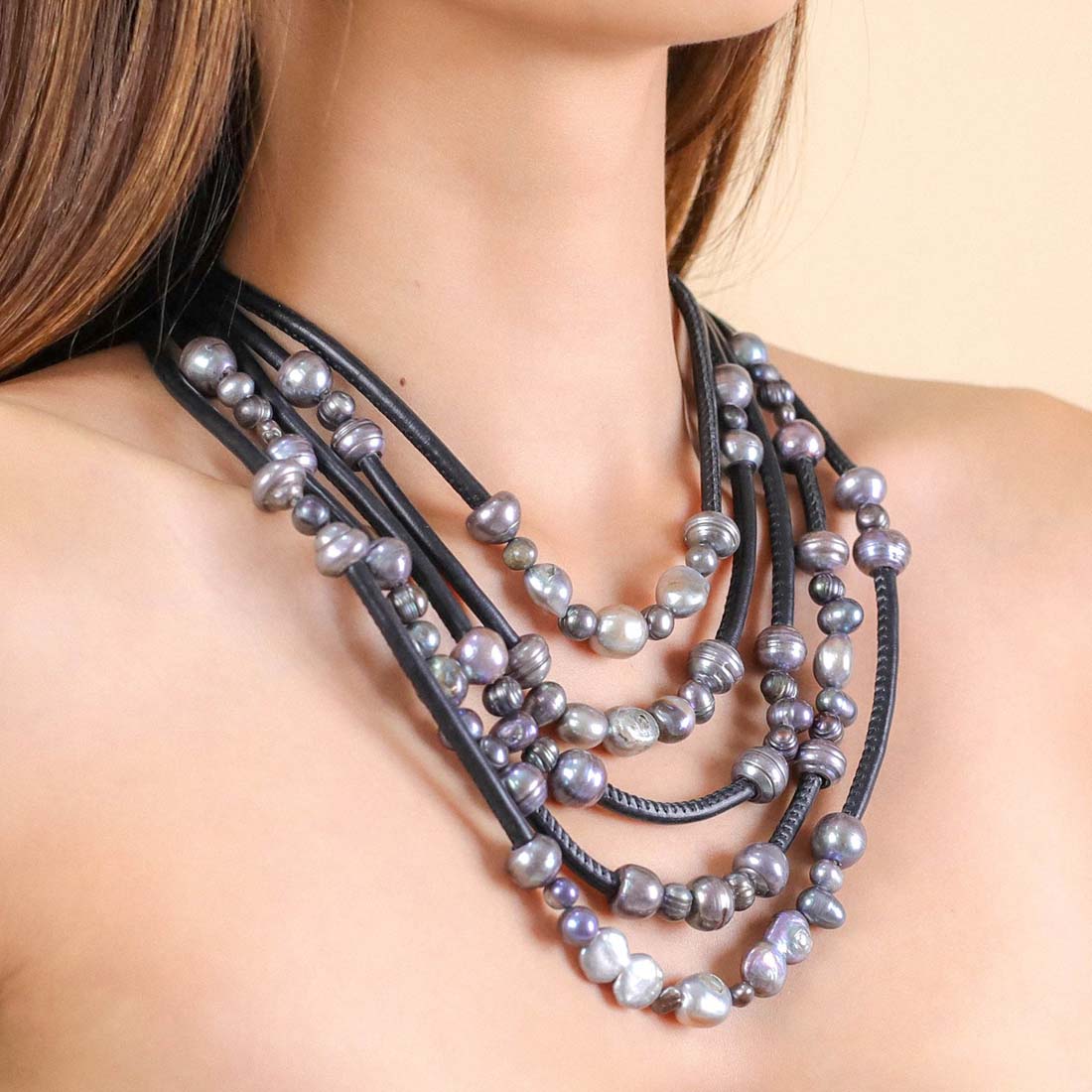 Five Row Blue Pearl Multi-Chain Necklace