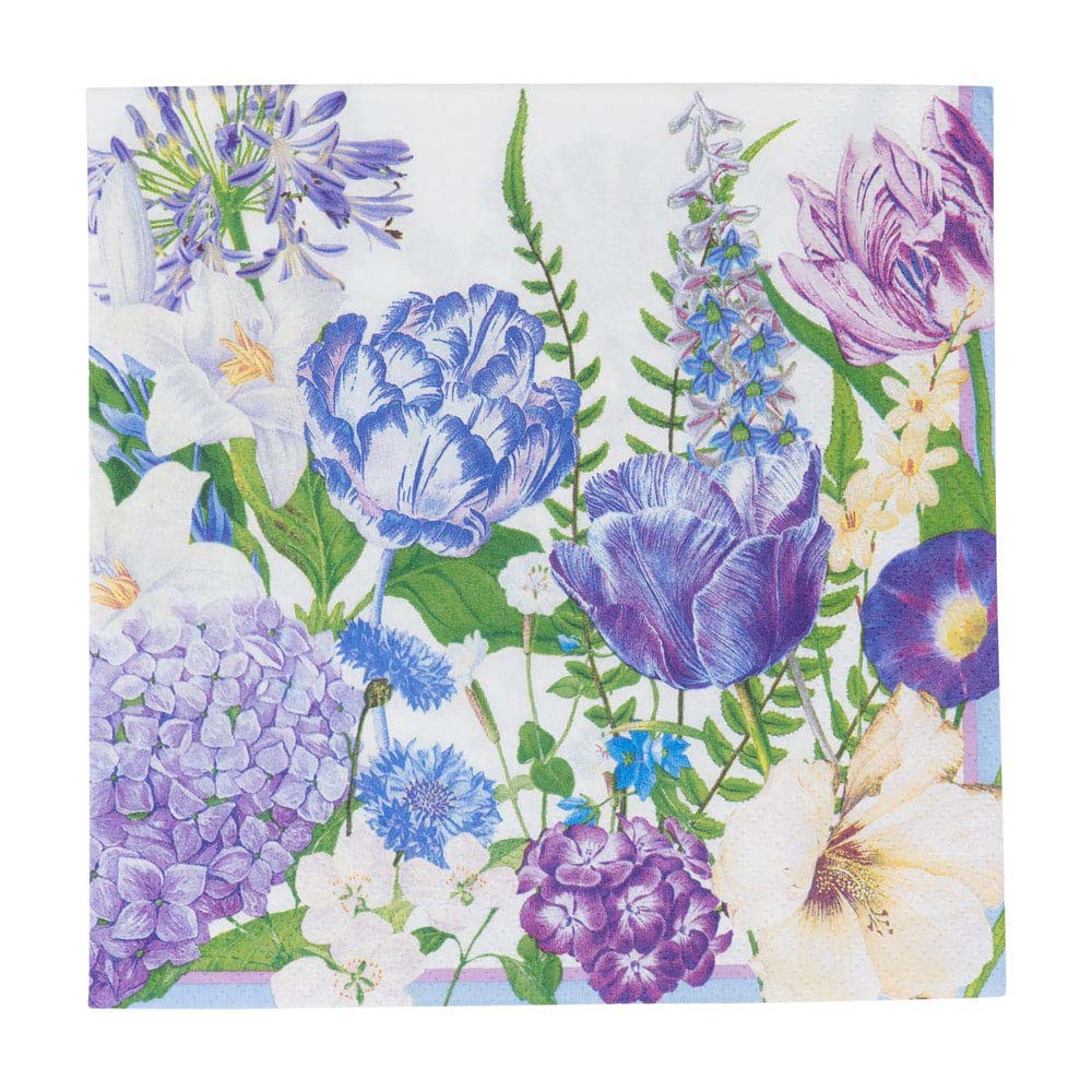 A luncheon napkin with a floral pattern featuring shades of blue and purple.