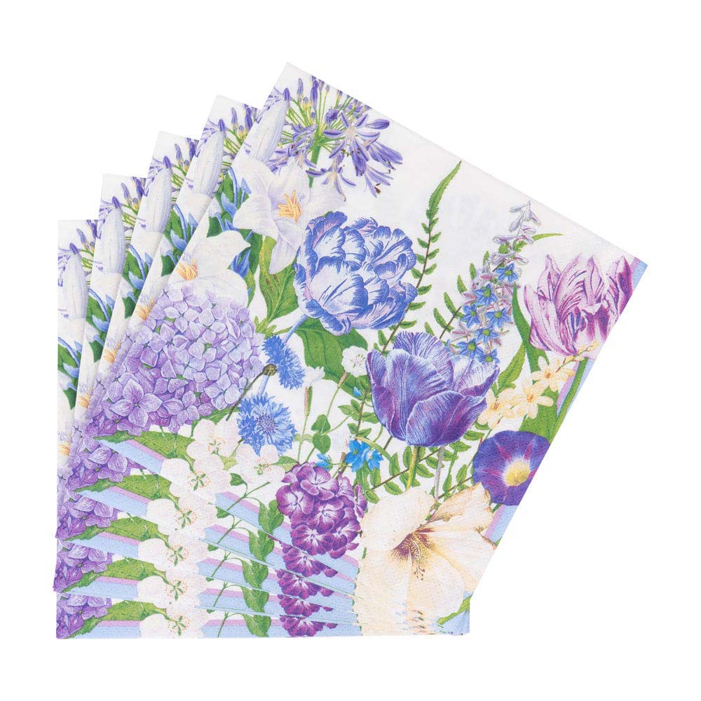 A luncheon napkin with a floral pattern featuring shades of blue and purple.