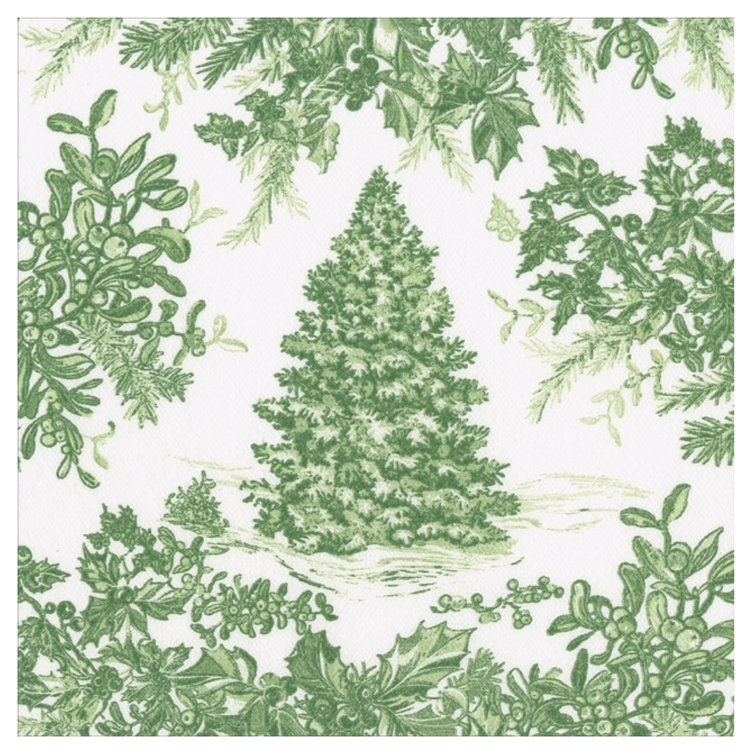 A square textile or wallpaper sample featuring a green Christmas tree motif surrounded by holly and mistletoe foliage on a white background.