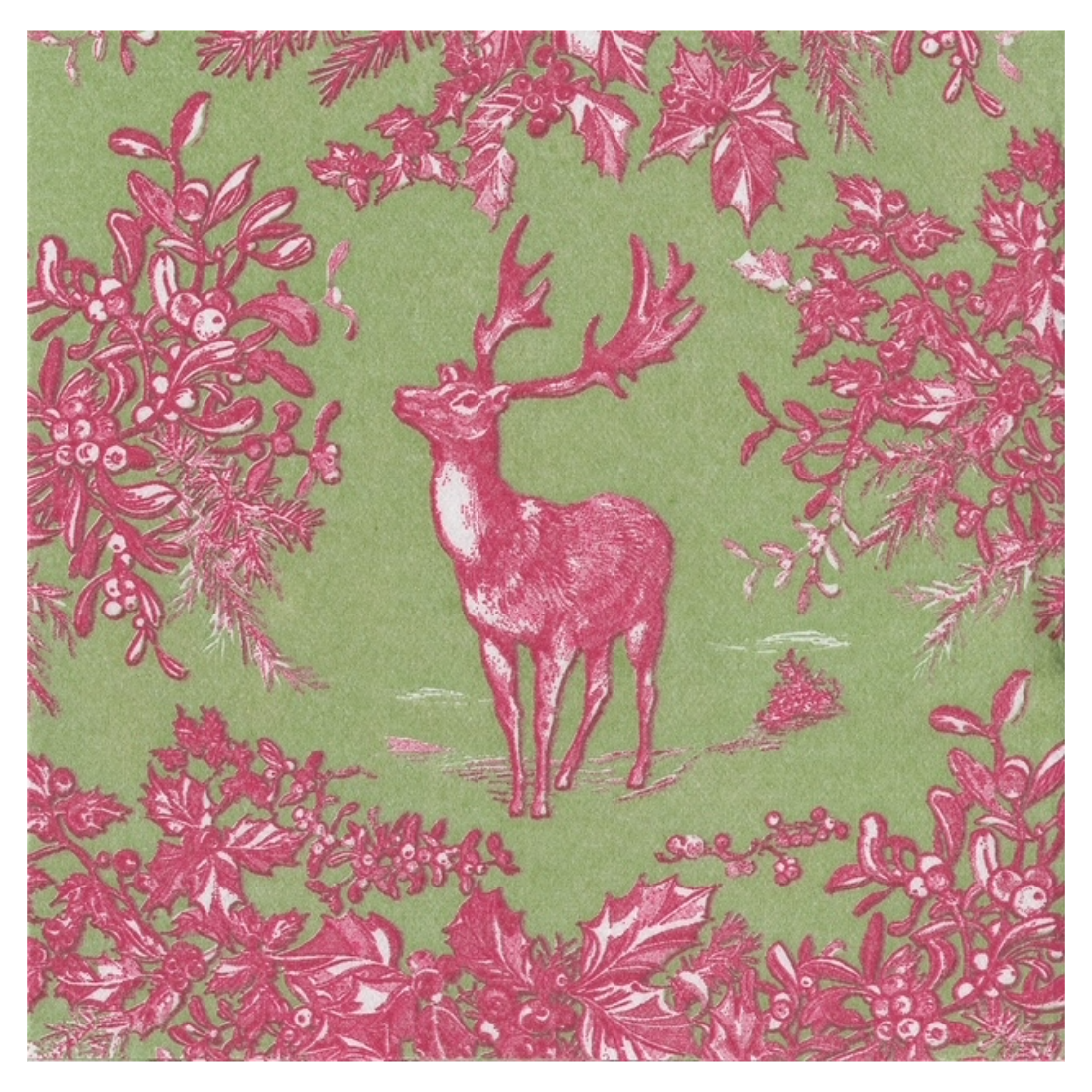 A square textile or wallpaper pattern featuring a pink deer surrounded by pink mistletoe and holly leaves on a light green background.