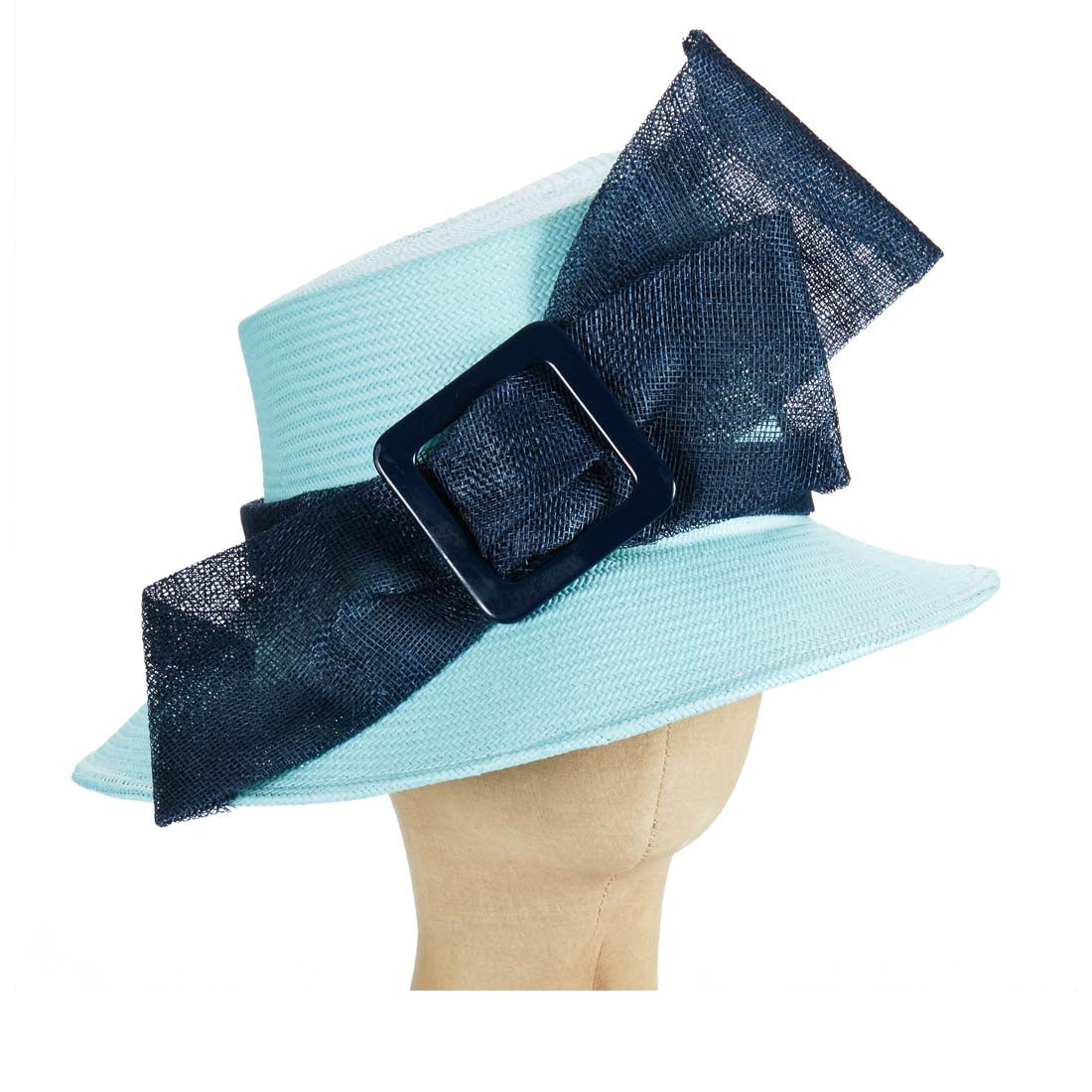 Navy Sinamay Bow Sky Blue Toyo Straw Hat