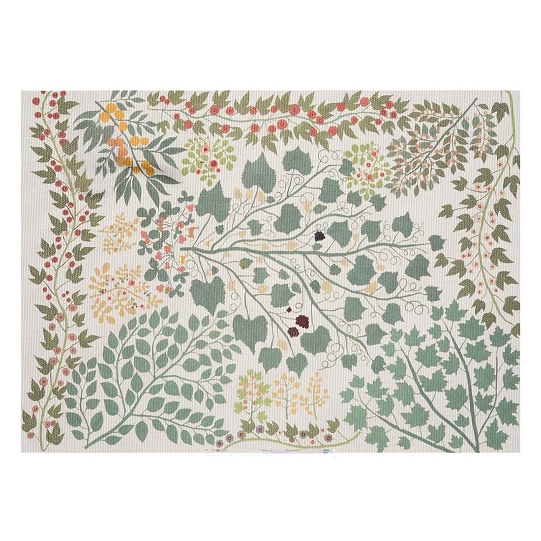 A woven textile placemat with a nature-inspired geometric pattern featuring branches and vines in a multicolor print.