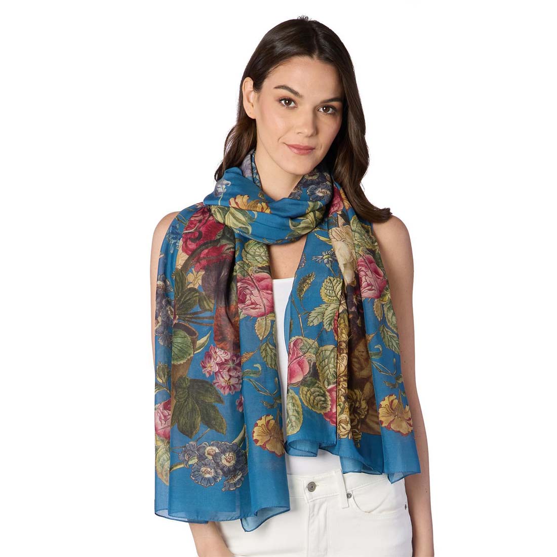 Floral patterned scarf with blue background on a white background