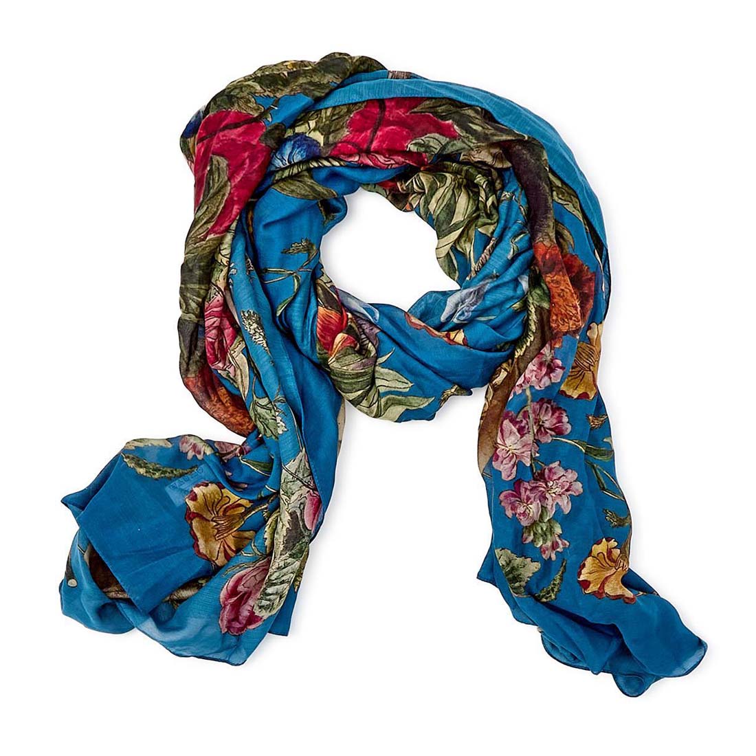 Floral patterned scarf with blue background on a white background