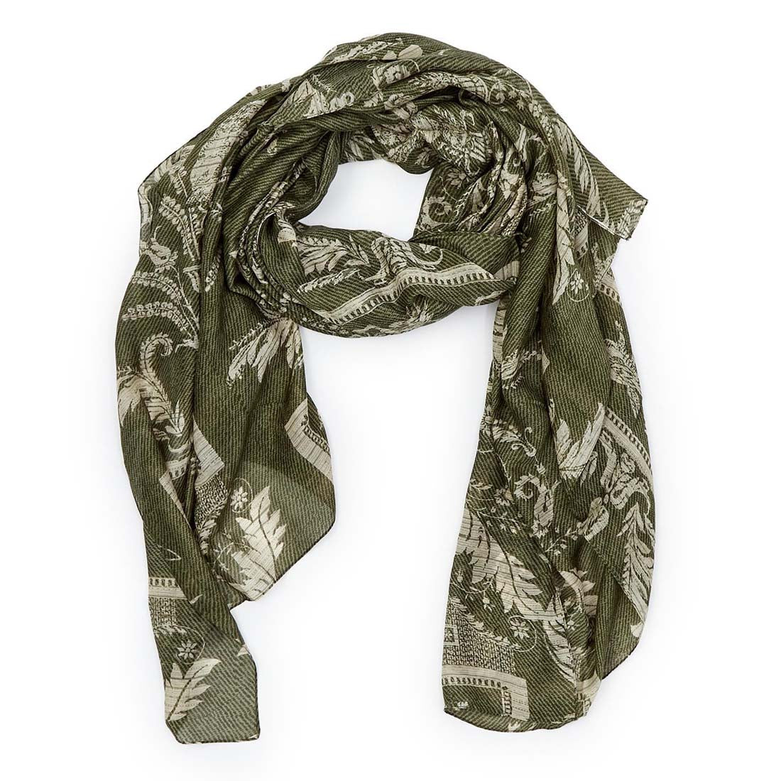 Green scarf with white pattern on a white background