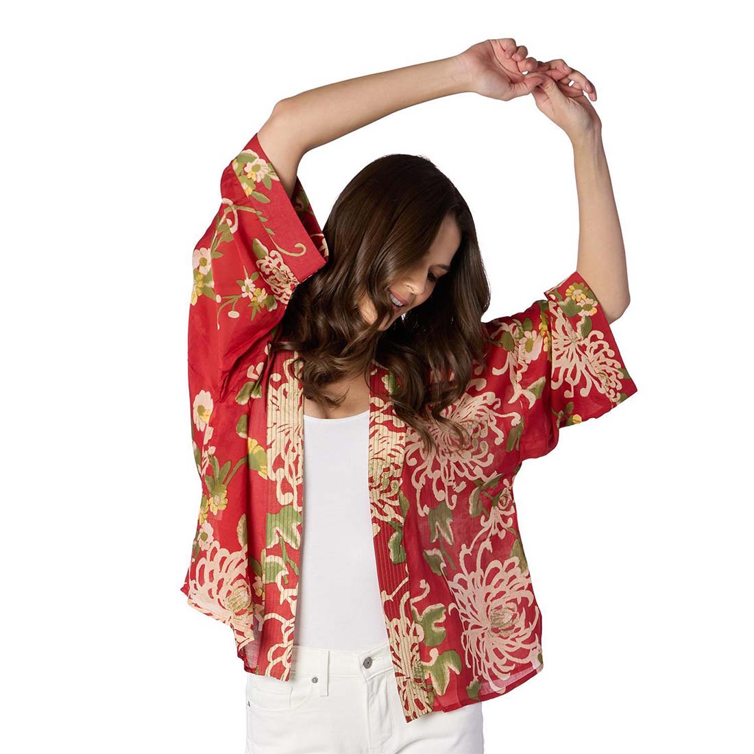 Red floral kimono-style top on a white background