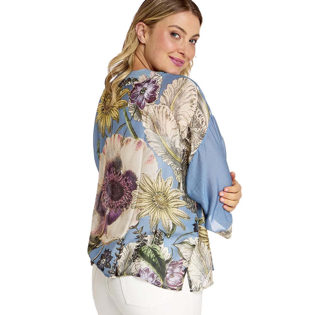 Floral kimono with a blue background on a white background