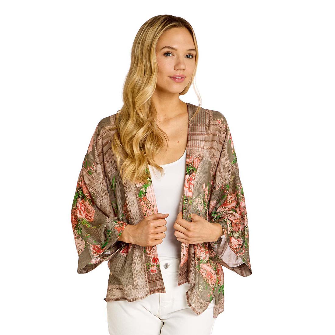 Floral kimono-style jacket on a white background