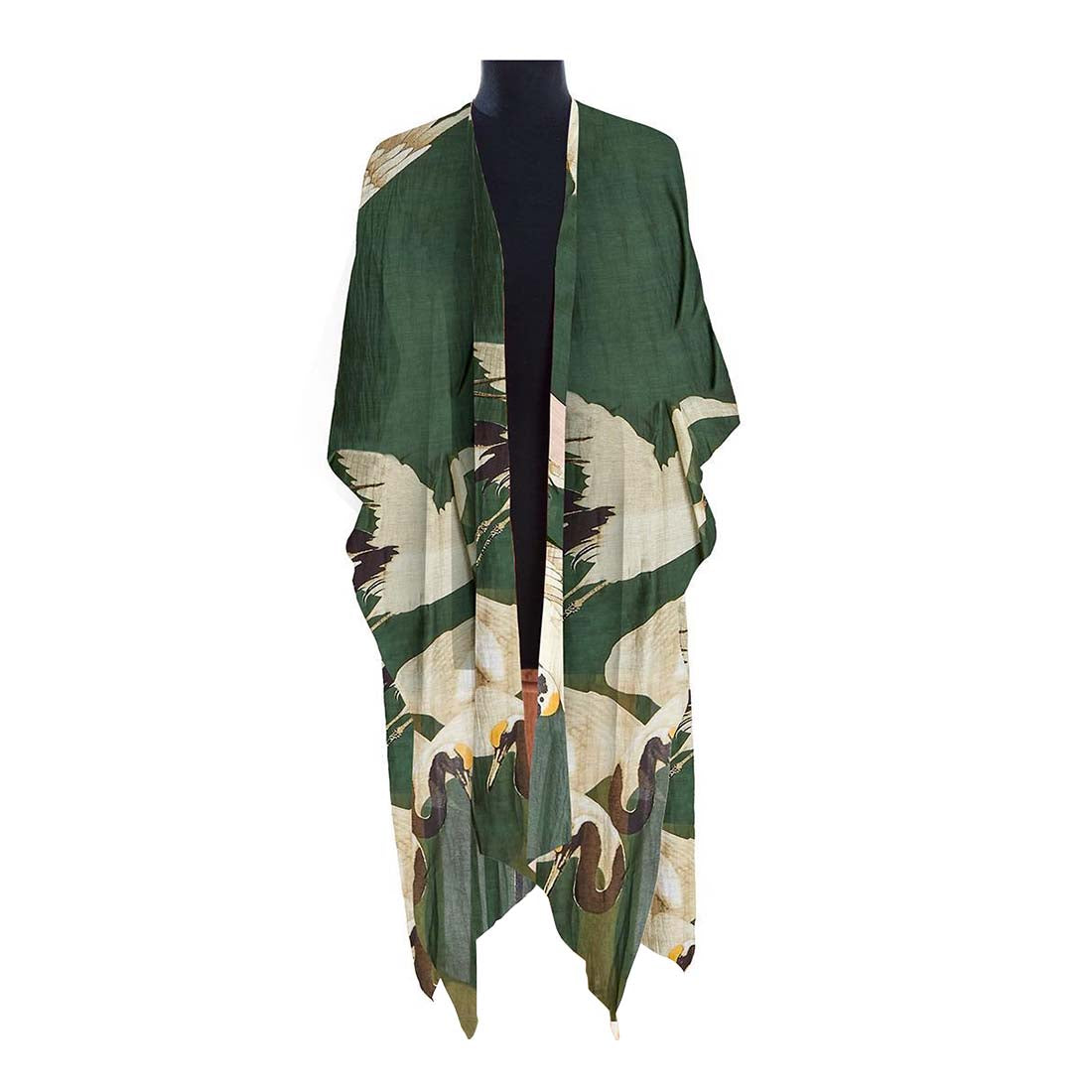 A long kimono with 3/4 length sleeves featuring a heron print in forest green, displayed on a mannequin.