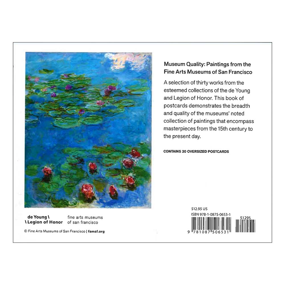 A cover image of a postcard book titled 'Museum Quality: Paintings from the Fine Arts Museums of San Francisco' featuring color reproductions of paintings with fruits and a bird.