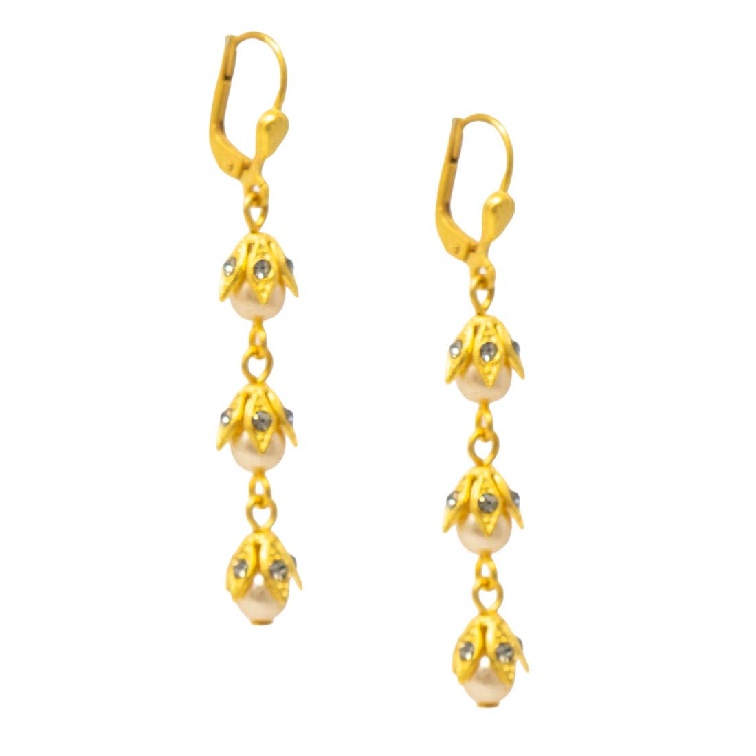 Gold earrings with pearl-like beads on a white background