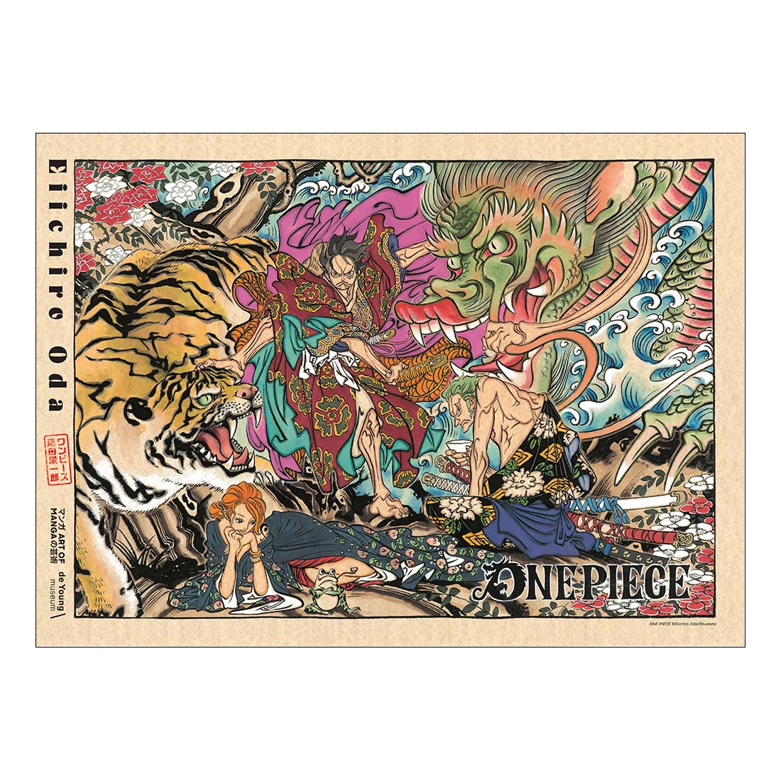 Colorful illustration with characters and animals, featuring the 'One Piece' logo.