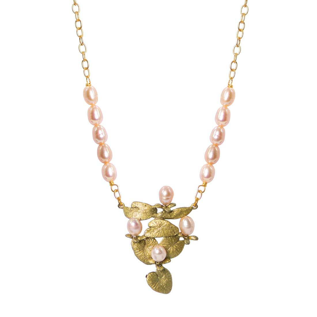 Necklace with pearl beads and gold leaf pendant on a white background
