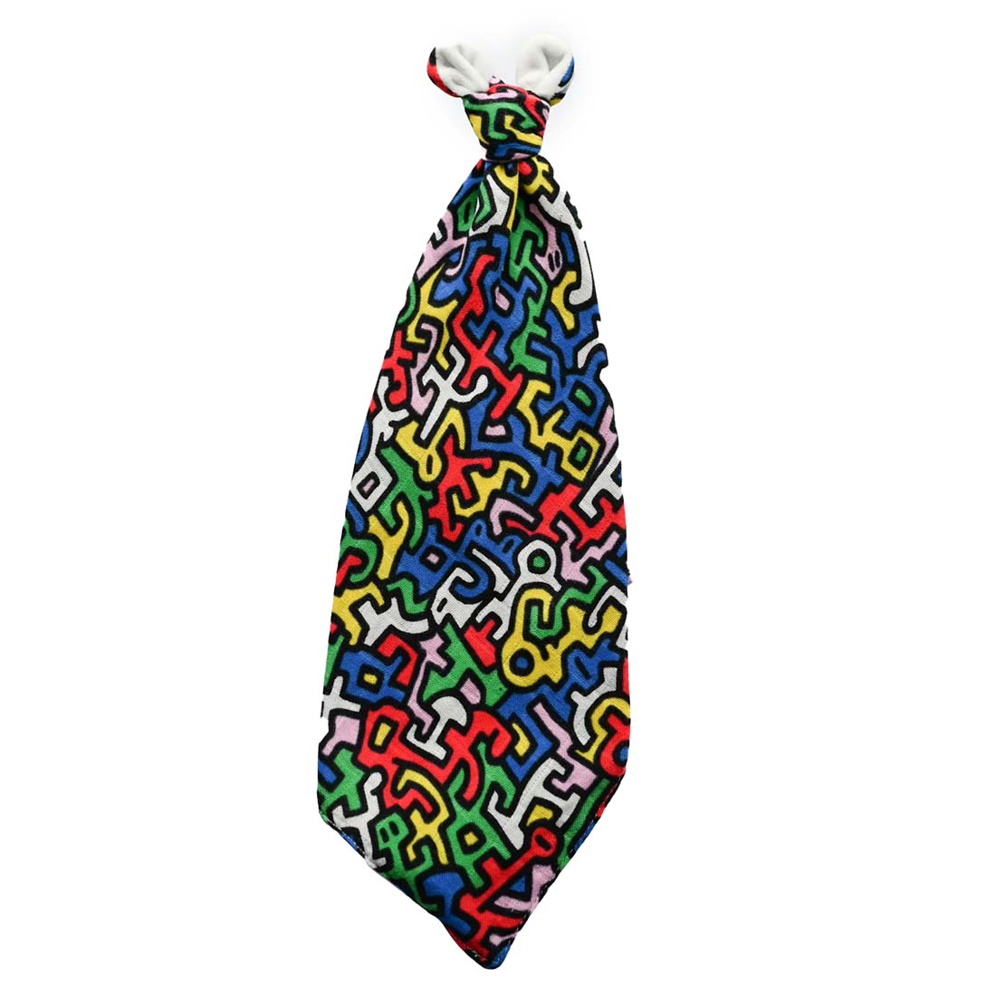 A plush toy featuring a colorful geometric pattern based on the artwork by Keith Haring. The toy is shaped like a necktie with the fabric extending into plush ears.