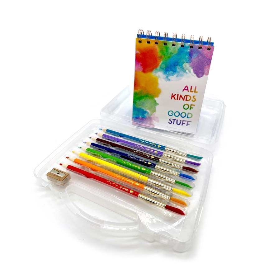 Snappy Colorbrush set with watercolor pencils and paintbrushes in a clear case on a white background