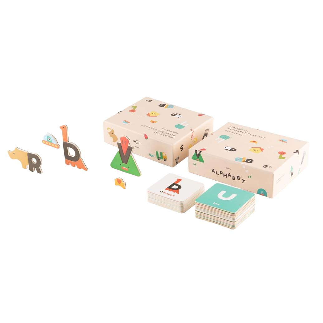 Box of a magnetic numbers play set with colorful text and illustrations on a beige background.