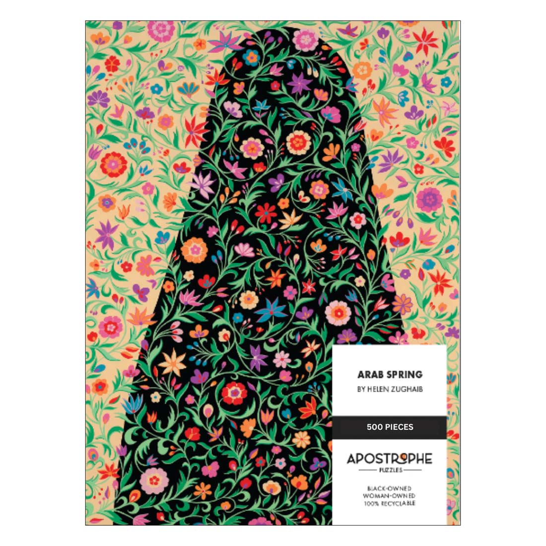A 500 piece jigsaw puzzle depicting a colorful floral pattern with a silhouette of a figure, packaged in a box with the name 'Arab Spring' and the artist's name 'Helen Zughaib'.