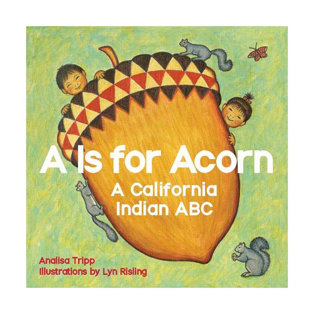 Cover of the board book 'A Is for Acorn' featuring illustrations of children, an acorn, and animals.