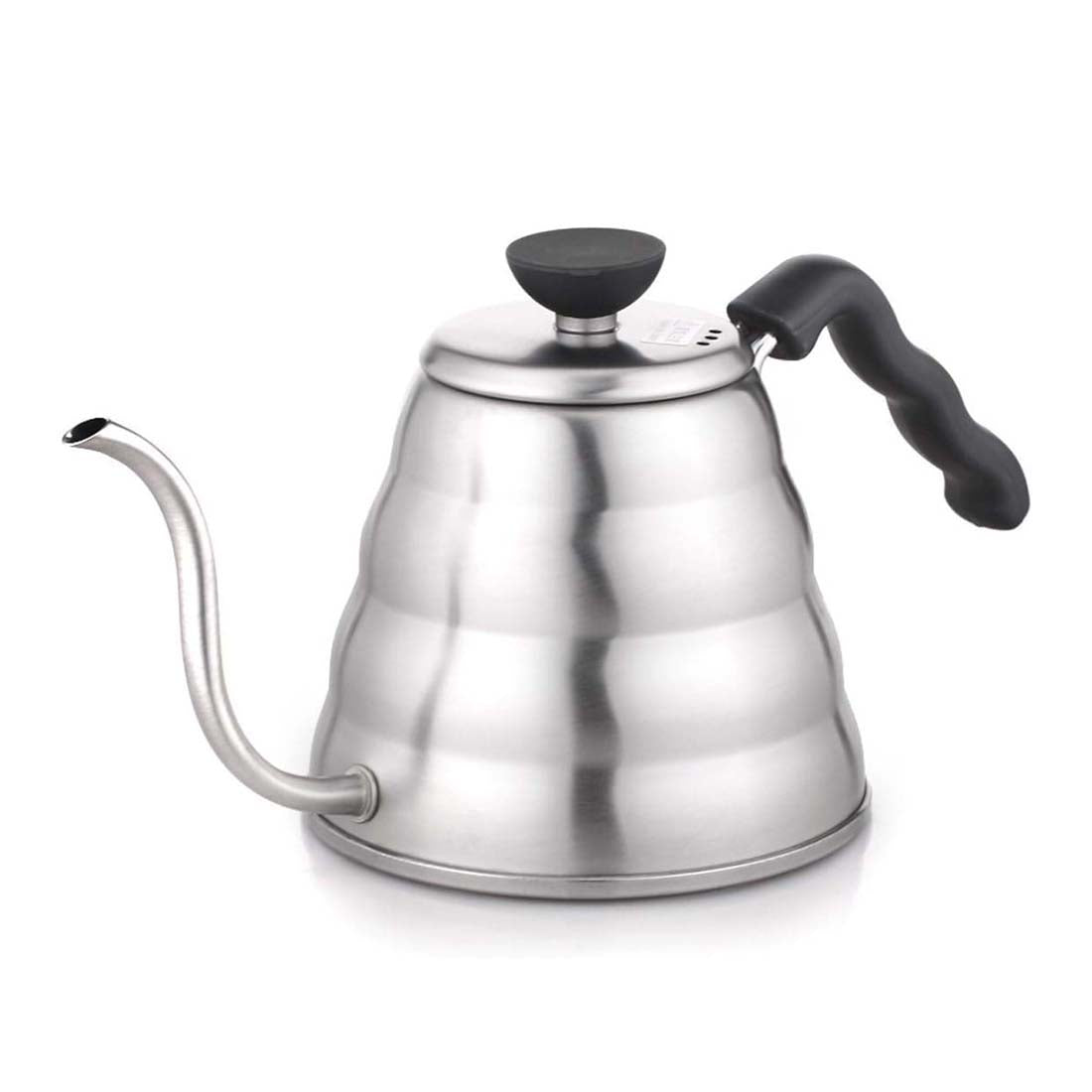 Stainless steel gooseneck kettle with black handle and spout on a white background