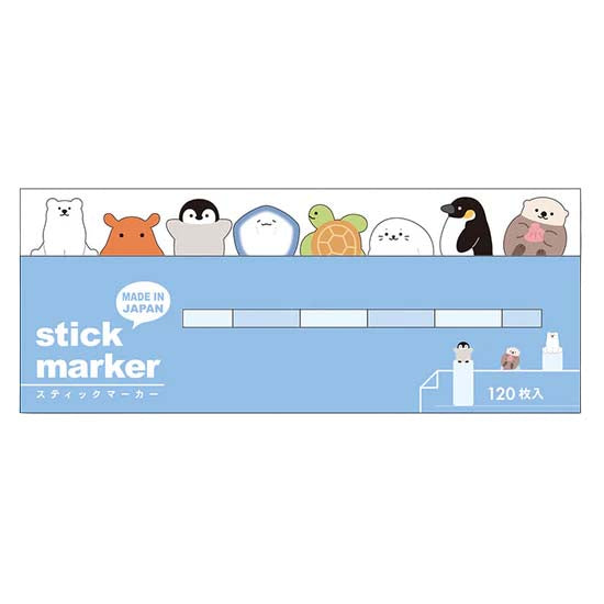 Stick marker packaging with cartoon animal illustrations on a blue background