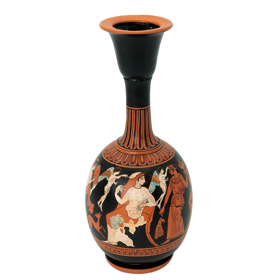 Decorative vase with classical Greek scene on a white background
