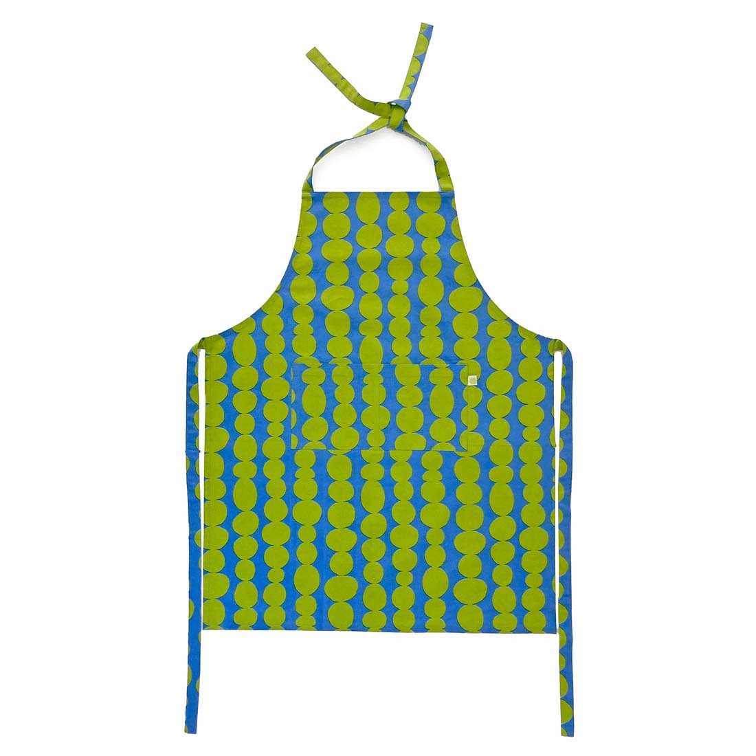 Blue apron with green circular pattern on a white background