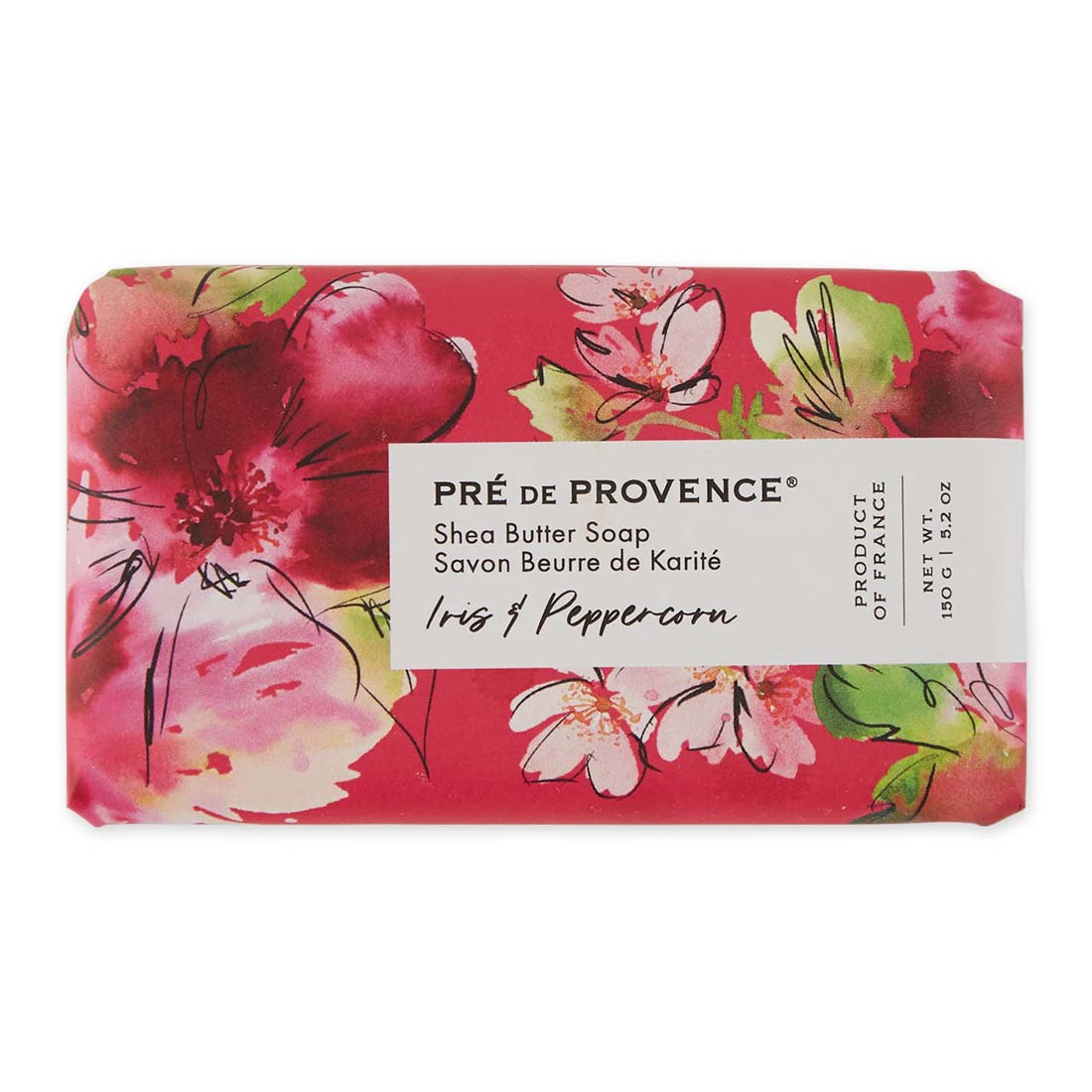 Pre de Provence soap bar with floral design on a pink background