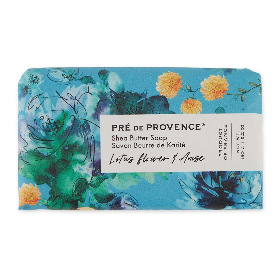 Pre de Provence soap bar with floral design on a white background