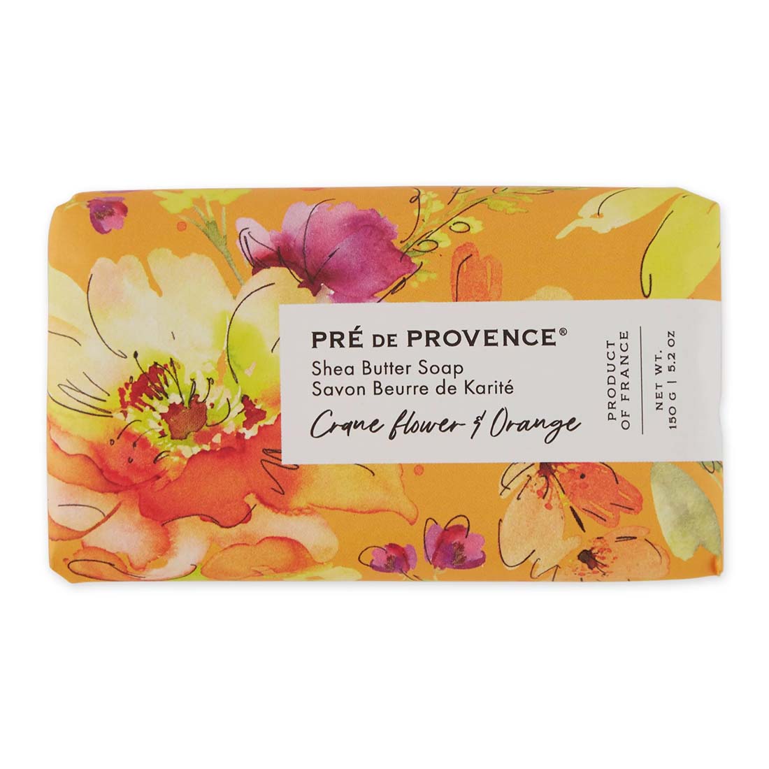 Pre de Provence soap bar with floral design on a white background